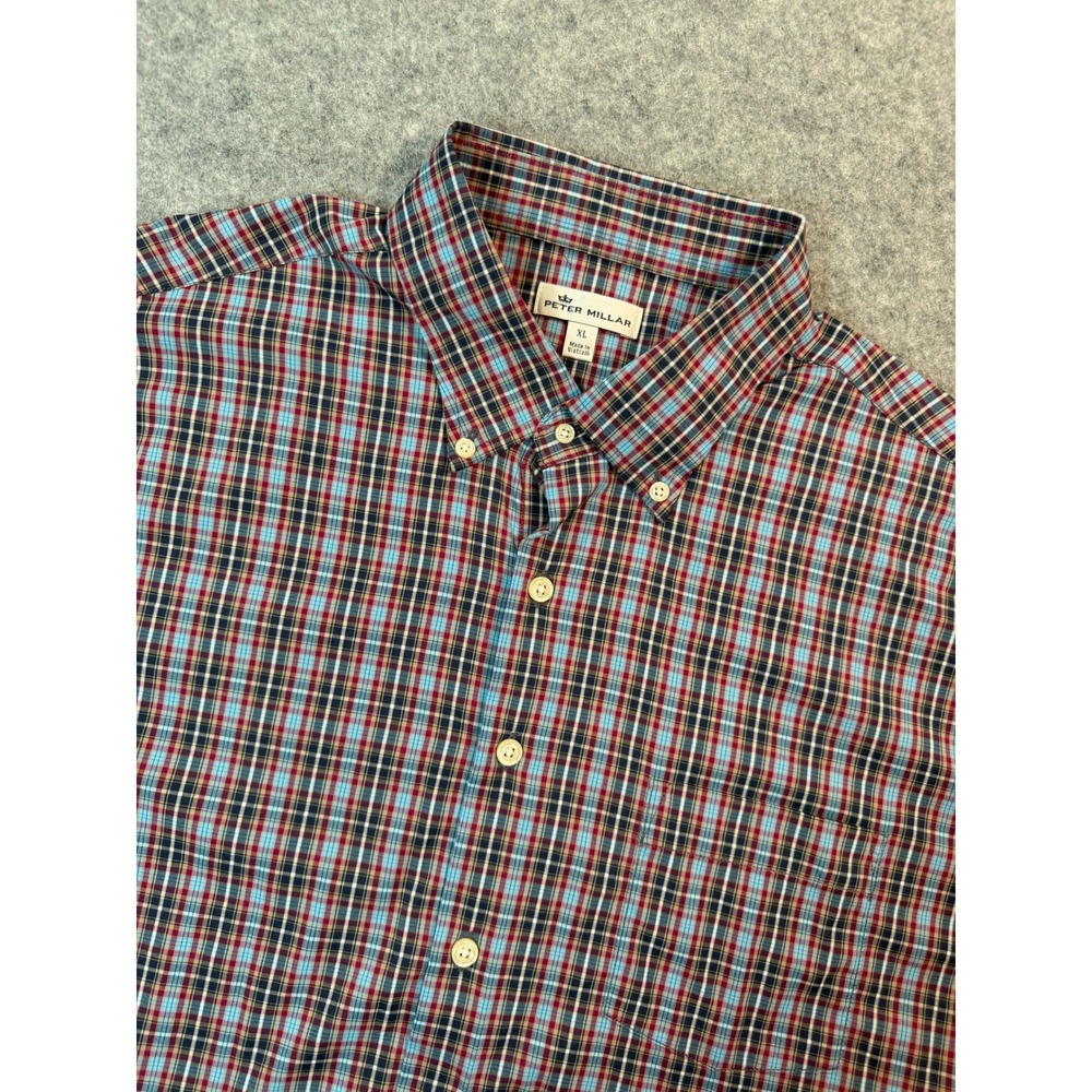 Peter Millar Mens XL Plaid Button Down Shirt Blue Red Long Sleeve Cotton Blend
